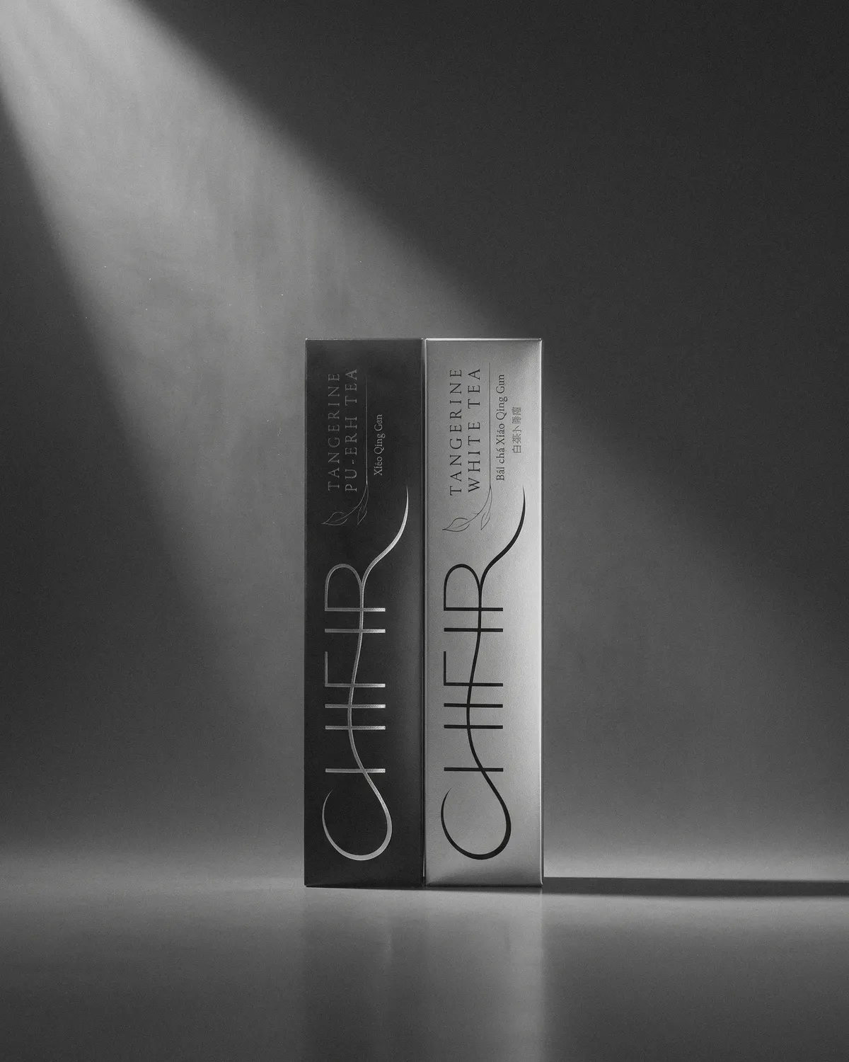 The black carton and the silver carton standing together in one diagonal shaft of light in a dim grey room, haze and fine particles drifting through it.