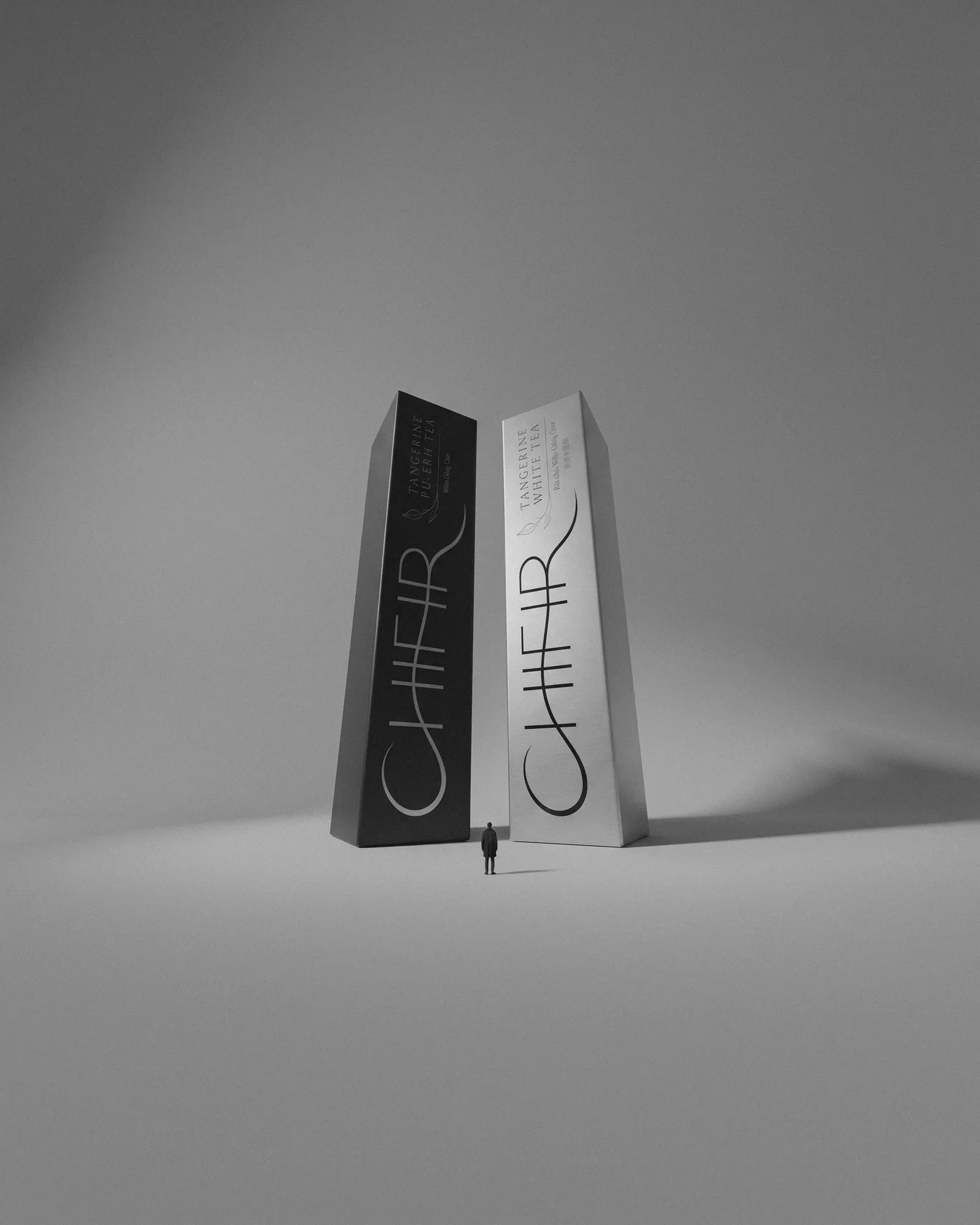 The black carton and the silver carton standing back to back on a pale ground, one tangerine piece between them.