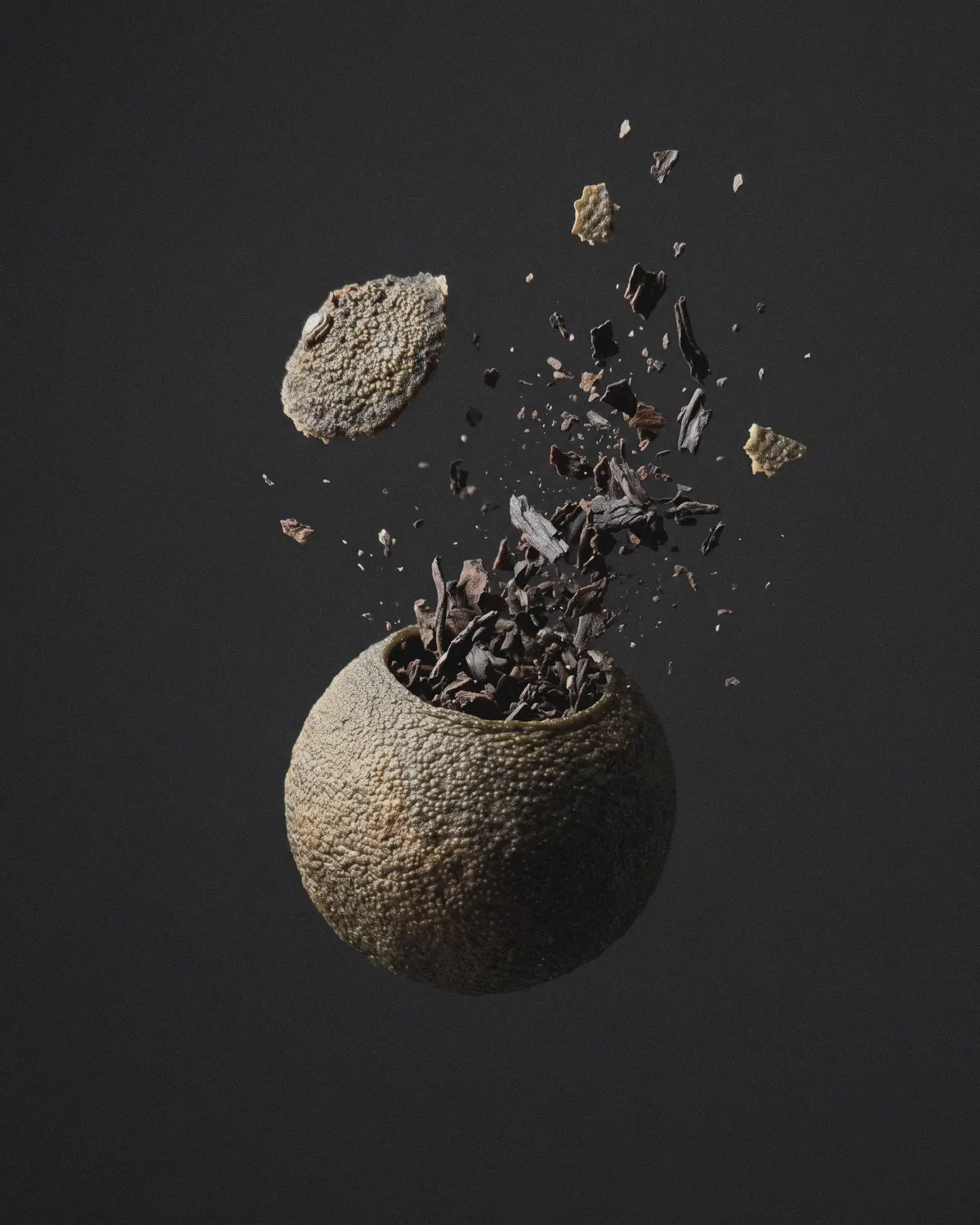 A dried tangerine piece bursting upward on charcoal, its lid and loose ripe pu-erh leaf flung into the air.