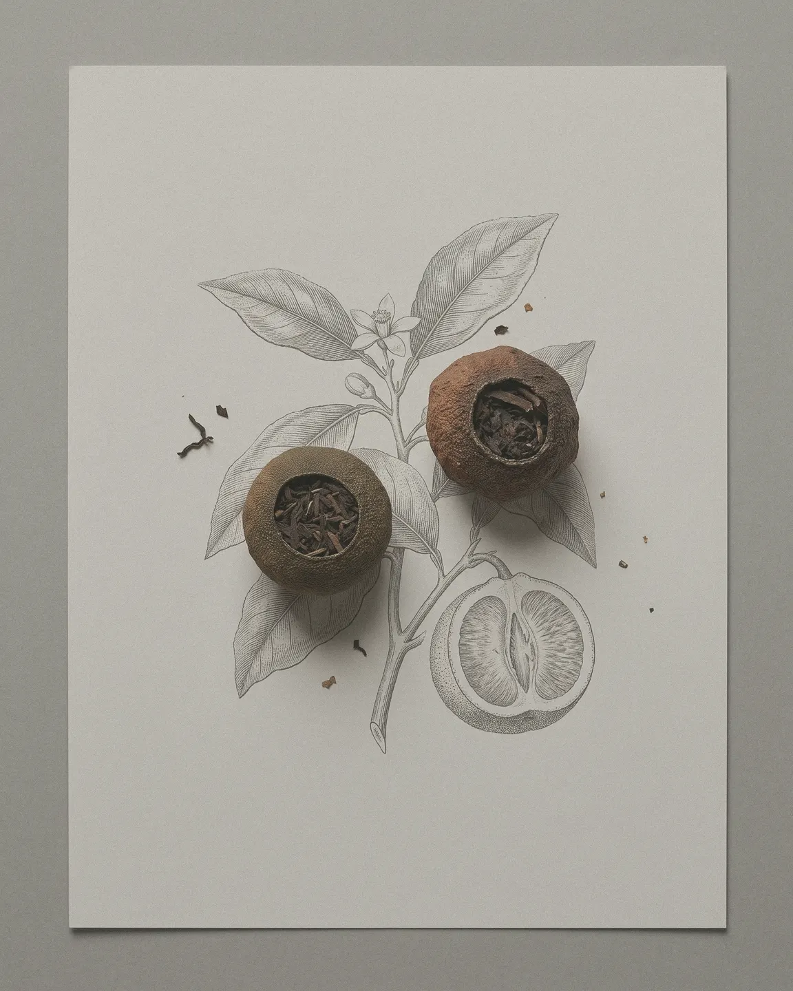 A botanical pencil drawing of a tangerine sprig, its fruit drawn whole and halved, with two real dried tangerine pieces and loose leaf laid over the paper.