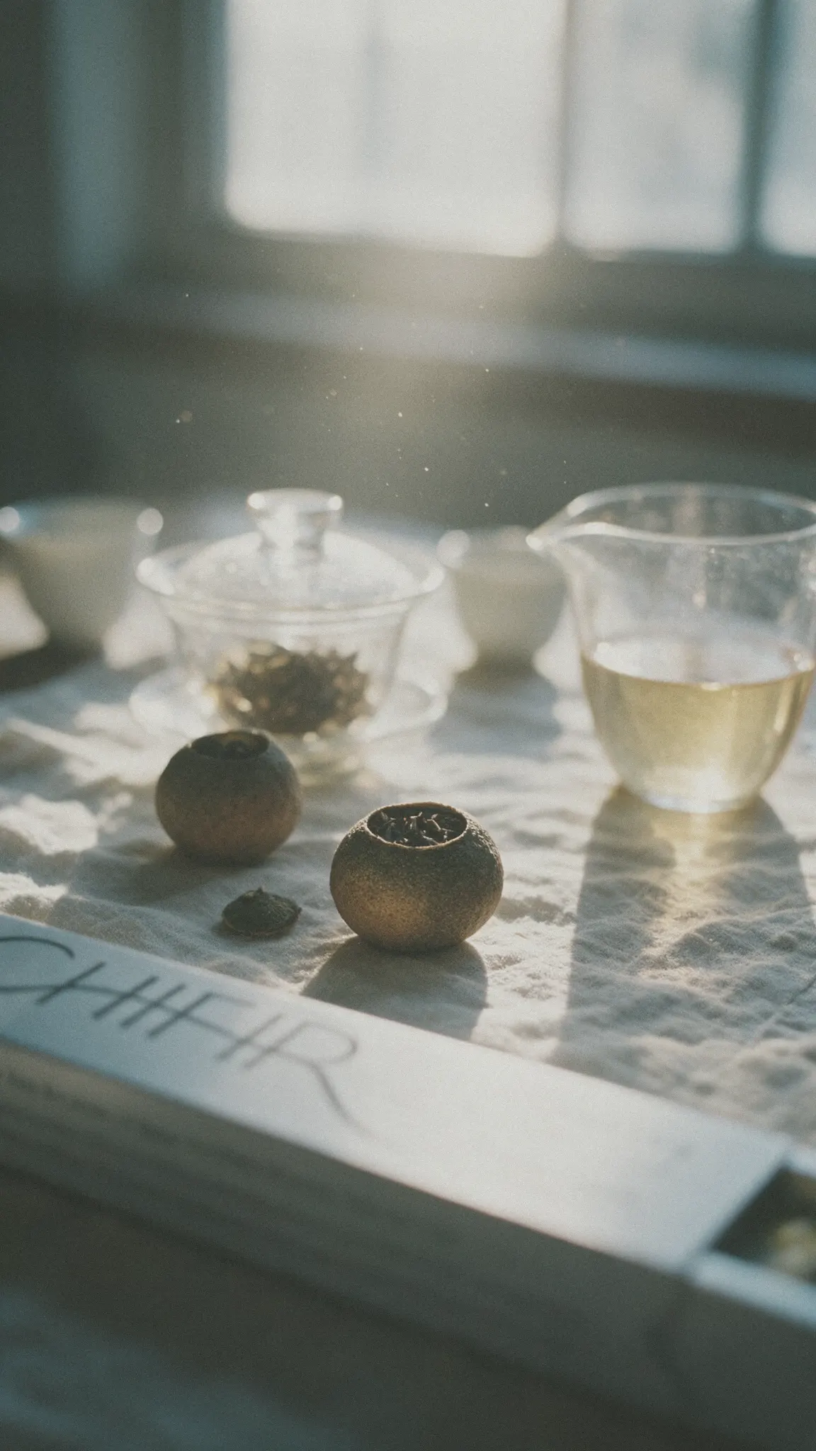 A glass gaiwan of leaf and a pitcher of pale straw tea on linen in window light, two dried tangerine pieces in front, the silver box's wordmark at the bottom of the frame.