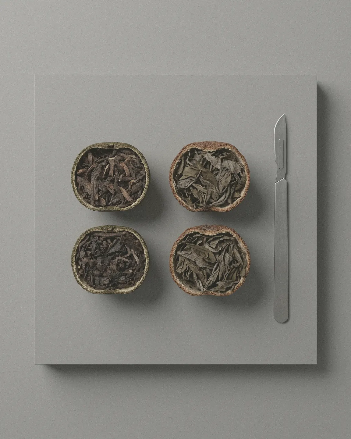 Four tangerine pieces cut open on a grey slab, two pu-erh and two white tea, a steel scalpel laid beside them.